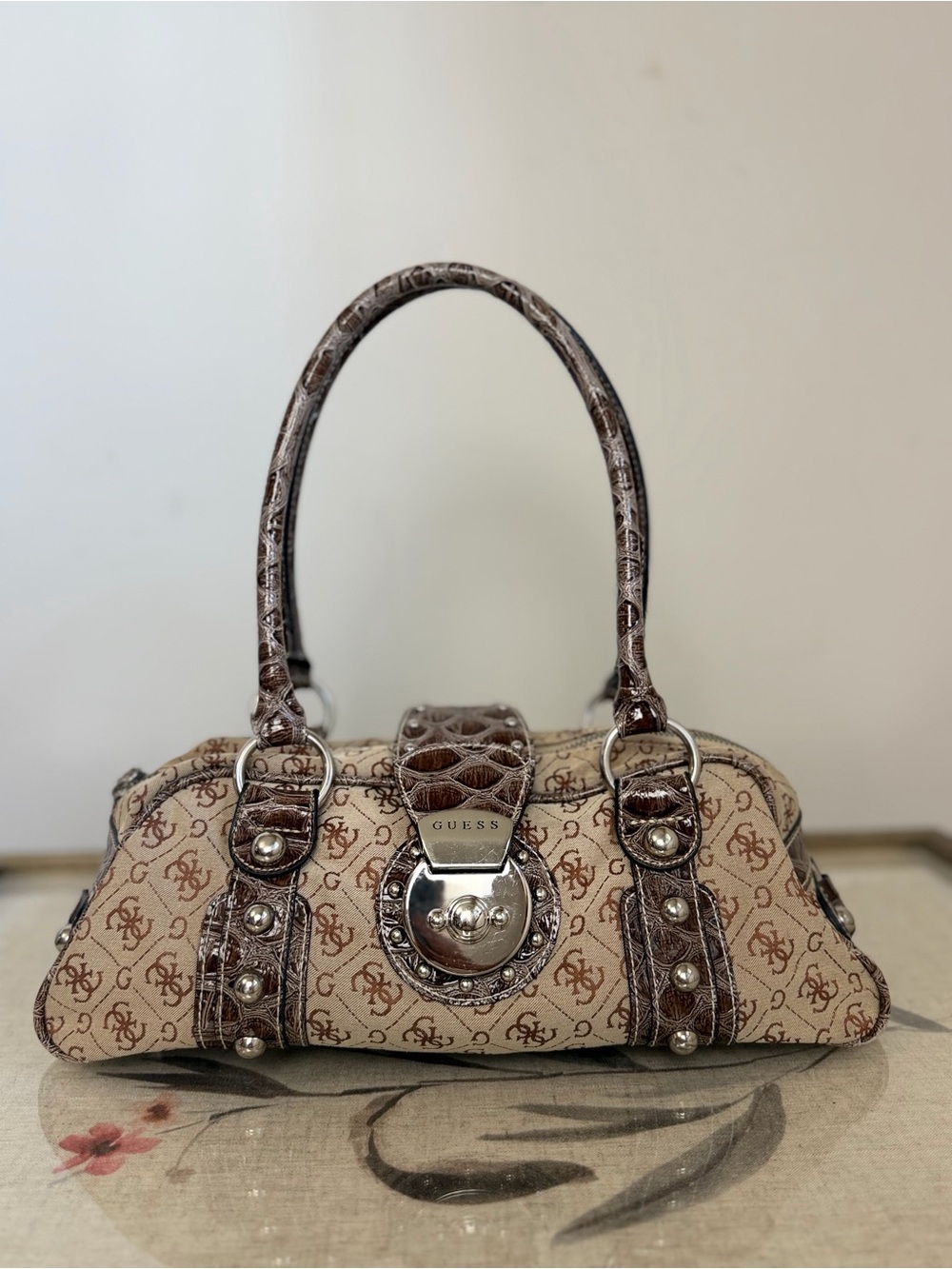 Vintage GUESS Monogram Croc-Embossed Barrel Satchel Bag Y2K